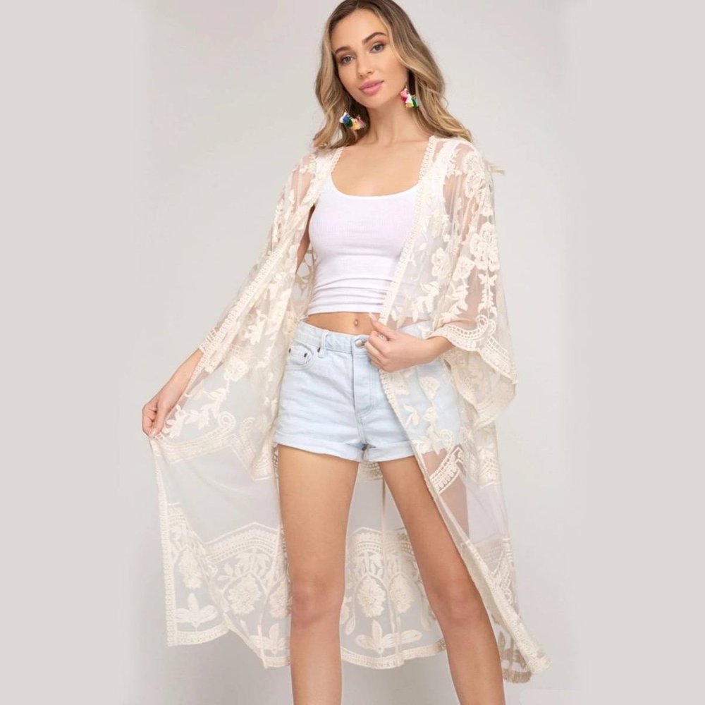 NEW Dizzy Gal Mackenzie Lace Kimono Duster L Cream